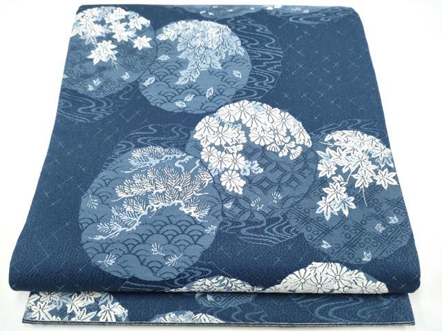 平和屋着物●六通柄袋帯　唐織　藍染　草花丸文　正絹　逸品　CABK5993hy