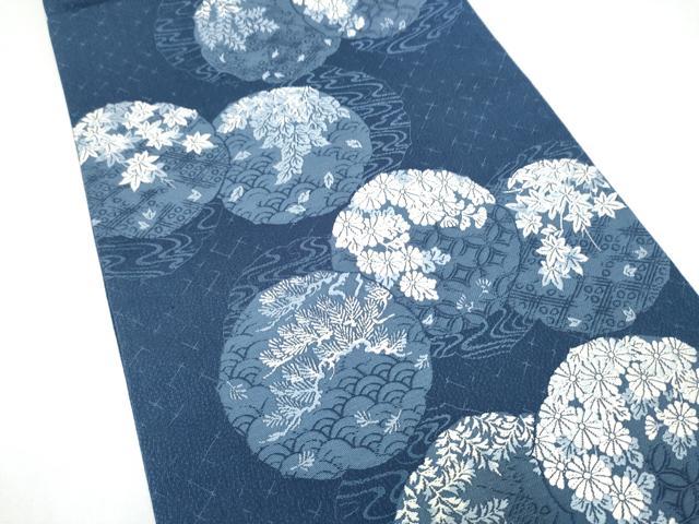 平和屋着物●六通柄袋帯　唐織　藍染　草花丸文　正絹　逸品　CABK5993hy