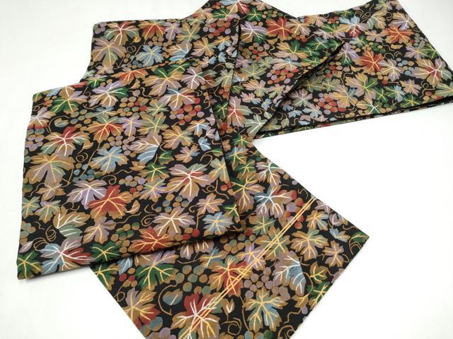 平和屋着物●明綴れ　全通柄袋帯　葡萄蔦の葉文　黒地　金糸　正絹　逸品　CABK5998hy