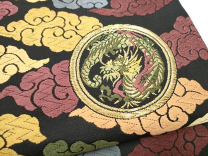 平和屋着物●西陣　加藤善織物謹製　六通柄袋帯　唐織　雲龍　黒地　金糸　証紙付き　正絹　逸品　CABK5999hy