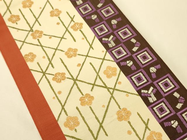 平和屋着物●本場筑前博多織　半幅帯　森博多織謹製　幾何学花間道　証紙付き　正絹　逸品　CABK6012ak