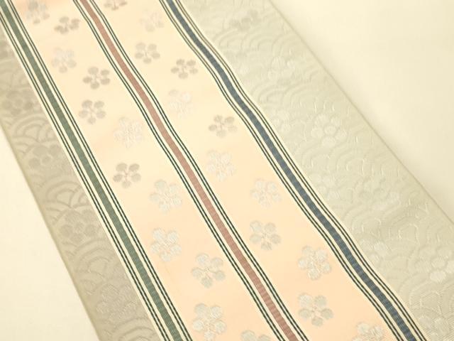 平和屋着物●本場筑前博多織　半幅帯　原田織物謹製　梅青海波間道　証紙付き　正絹　逸品　未使用　CABK6057ak