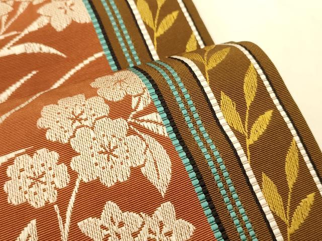 平和屋着物●本場筑前博多織　半幅帯　小野和也作　草花間道　証紙付き　正絹　逸品　CABK6095ak