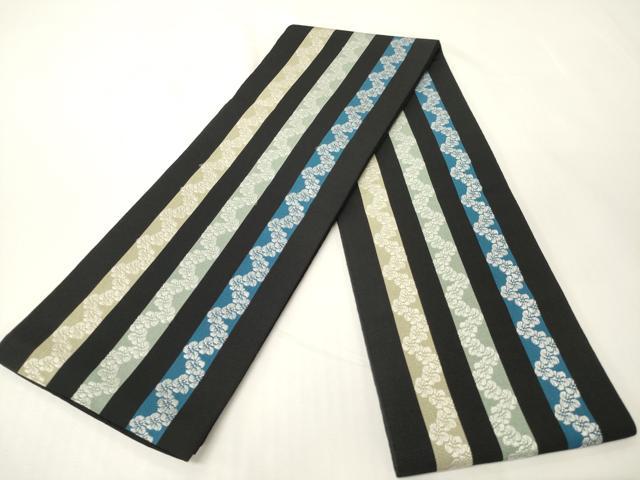 平和屋着物●本場筑前博多織　両面　半幅帯　井上絹織謹製　捻梅間道/麻の葉間道　黒地　証紙付き　正絹　逸品　CABK6153ak