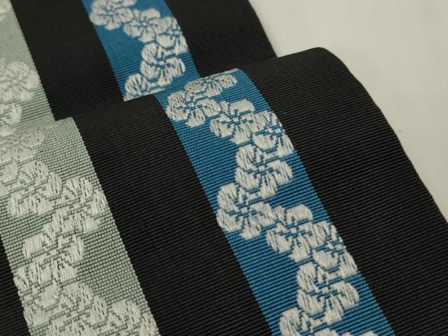 平和屋着物●本場筑前博多織　両面　半幅帯　井上絹織謹製　捻梅間道/麻の葉間道　黒地　証紙付き　正絹　逸品　CABK6153ak