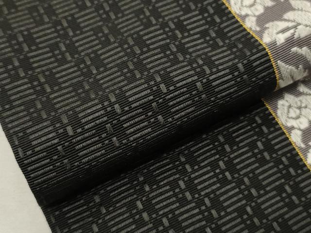 平和屋着物●本場筑前博多織　半幅帯　井上絹織謹製　草花間道　黒地　証紙付き　正絹　逸品　CABK6167ak