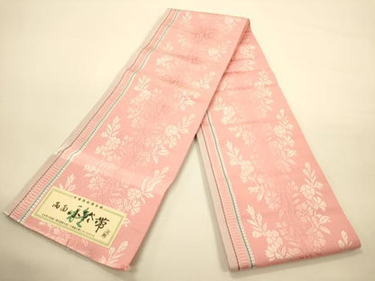 平和屋着物●本場筑前博多織　両面　半幅帯　草花文　証紙付き　正絹　逸品　未使用　CABK6212ak