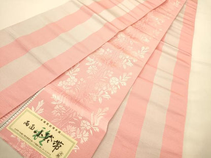 平和屋着物●本場筑前博多織　両面　半幅帯　草花文　証紙付き　正絹　逸品　未使用　CABK6212ak