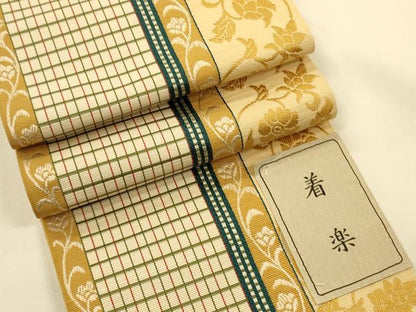 平和屋着物●本場筑前博多織　半幅帯　森博多織謹製　唐草花間道　証紙付き　正絹　逸品　未使用　CABK6214ak