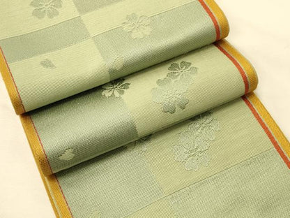 平和屋着物●本場筑前博多織　半幅帯　市松舞桜文　正絹　逸品　CABK6225ak