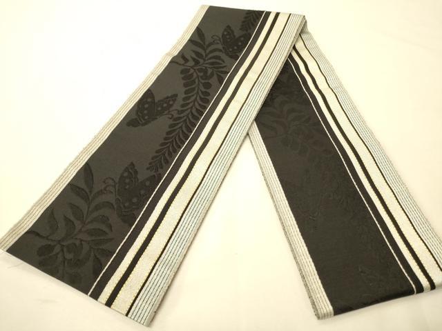 平和屋着物●本場筑前博多織　半幅帯　小野和也作　花蝶間道　博多金ラベル　黒地　証紙付き　正絹　逸品　CABK6257ak