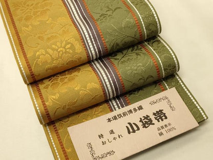平和屋着物●本場筑前博多織　半幅帯　小野和也作　花唐草間道　証紙付き　正絹　逸品　未使用　CABK6258ak