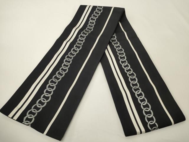 平和屋着物●本場筑前博多織　半幅帯　抽象文　黒地　正絹　逸品　CABK6266ak