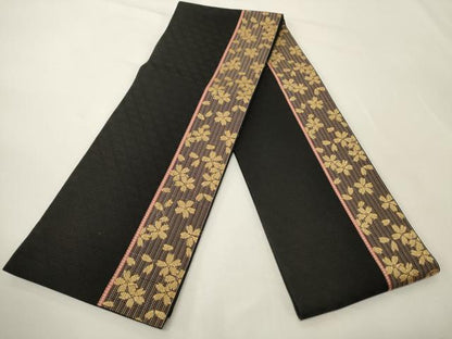 平和屋着物●本場筑前博多織　半幅帯　舞桜間道　黒地　正絹　逸品　CABK6269ak