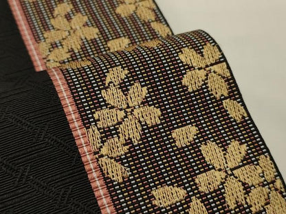 平和屋着物●本場筑前博多織　半幅帯　舞桜間道　黒地　正絹　逸品　CABK6269ak