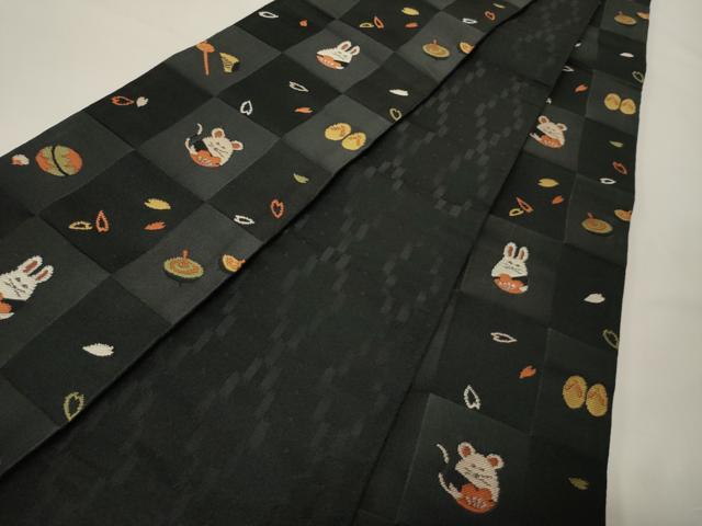 平和屋着物●両面　半幅帯　市松動物宝尽くし/幾何学文　黒地　CABK6303ak