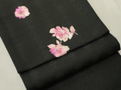 平和屋着物●半幅帯　刺繍　花間道　黒地　CABK6308ak