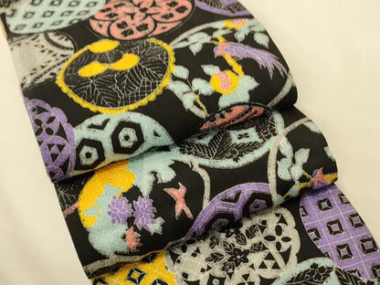 平和屋着物●両面　半幅帯　花鳥文/縞　上代33万円　正絹　逸品　未使用　CABK6323ak