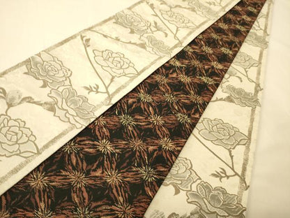 平和屋着物●両面　半幅帯　枝花文/花尽し文　正絹　逸品　CABK6326ak