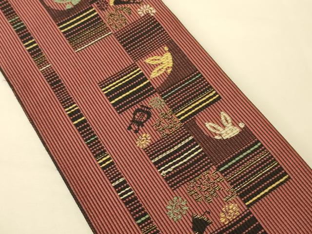 平和屋着物●本場筑前博多織　両面　半幅帯　協和織工場謹製　花兎/うさぎ　金糸　証紙付き　正絹　逸品　CABK6331ak