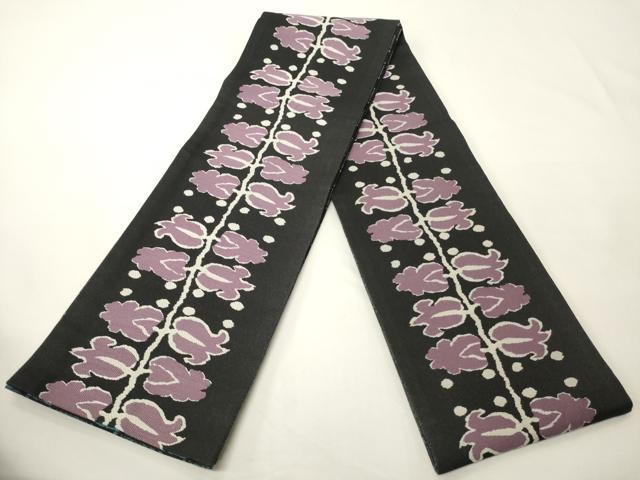 平和屋着物●両面　半幅帯　枝花文/市松文　黒地　正絹　逸品　CABK6332ak