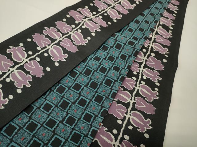 平和屋着物●両面　半幅帯　枝花文/市松文　黒地　正絹　逸品　CABK6332ak