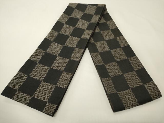 平和屋着物●半幅帯　市松文/幾何学文　黒地　CABK6336ak