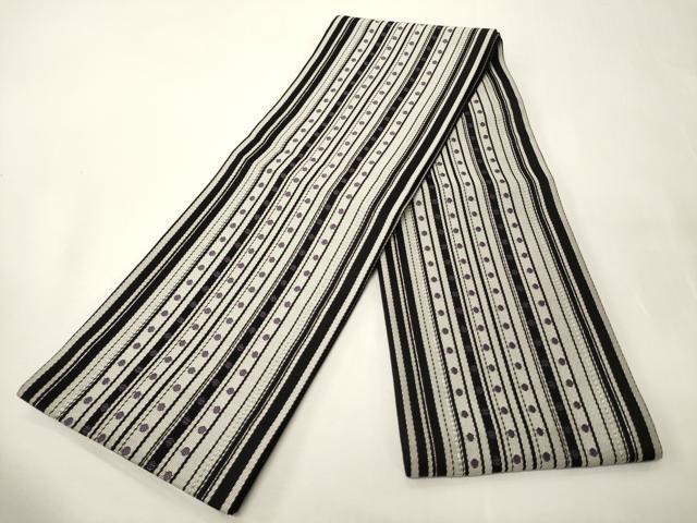 平和屋着物●両面　半幅帯　間道/市松蝶文　銀糸　正絹　逸品　未使用　CABK6353ak