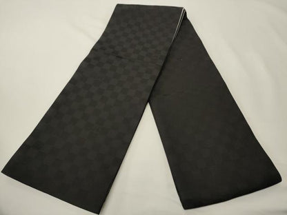 平和屋着物●両面　半幅帯　間道/市松蝶文　銀糸　正絹　逸品　未使用　CABK6353ak
