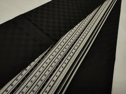 平和屋着物●両面　半幅帯　間道/市松蝶文　銀糸　正絹　逸品　未使用　CABK6353ak