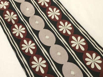 平和屋着物●両面　半幅帯　花間道/市松舞葉文　黒地　正絹　逸品　CABK6364ak