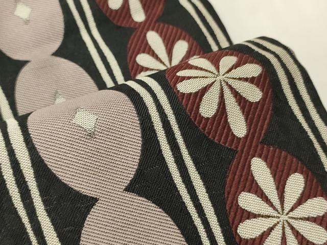 平和屋着物●両面　半幅帯　花間道/市松舞葉文　黒地　正絹　逸品　CABK6364ak