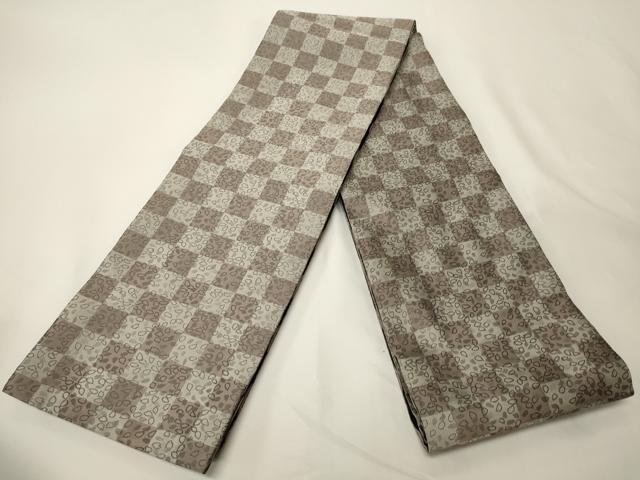 平和屋着物●両面　半幅帯　花間道/市松舞葉文　黒地　正絹　逸品　CABK6364ak