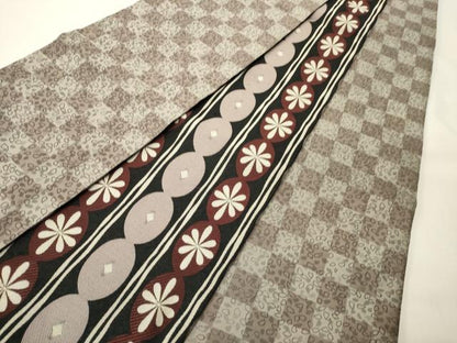 平和屋着物●両面　半幅帯　花間道/市松舞葉文　黒地　正絹　逸品　CABK6364ak