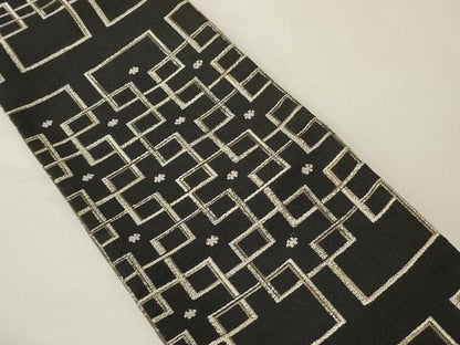 平和屋着物●西陣　両面　半幅帯　幾何学文/丸文　黒地　金糸　正絹　逸品　CABK6369ak