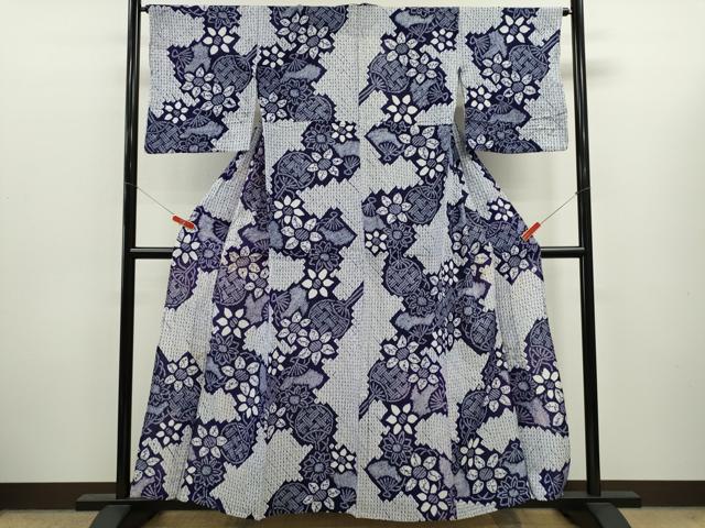 平和屋着物∴夏物　浴衣　有松鳴海絞り　うちわ　扇面草花文　綿　逸品　CABK6517ze