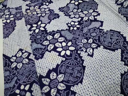 平和屋着物∴夏物　浴衣　有松鳴海絞り　うちわ　扇面草花文　綿　逸品　CABK6517ze