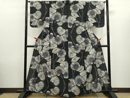 平和屋着物∴夏物　浴衣　注染　蓮　手縫い　黒地　綿　逸品　CABK6560ze