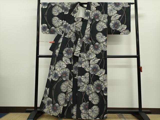 平和屋着物∴夏物　浴衣　注染　蓮　手縫い　黒地　綿　逸品　CABK6560ze