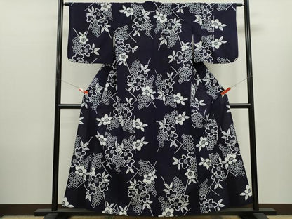 平和屋着物∴夏物　浴衣　注染　草花文　手縫い　綿　逸品　CABK6562ze