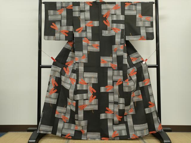 平和屋着物∴夏物　浴衣　注染　トンボ　手縫い　黒地　綿　逸品　CABK6563ze