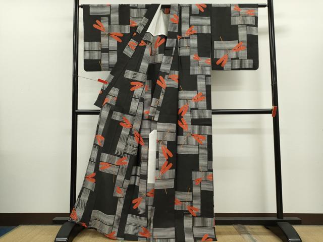 平和屋着物∴夏物　浴衣　注染　トンボ　手縫い　黒地　綿　逸品　CABK6563ze