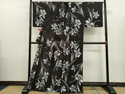 平和屋着物∴夏物　浴衣　注染　カトレア　手縫い　黒地　綿　逸品　未使用　CABK6565ze
