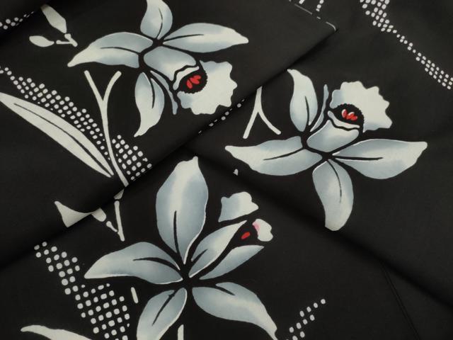 平和屋着物∴夏物　浴衣　注染　カトレア　手縫い　黒地　綿　逸品　未使用　CABK6565ze