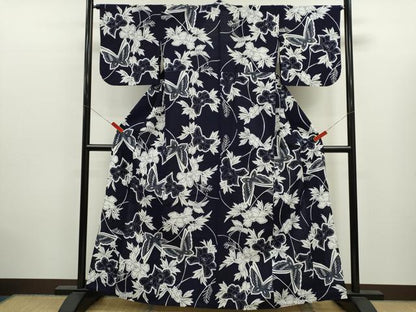 平和屋着物∴夏物　浴衣　注染　草花舞蝶文　手縫い　綿　逸品　CABK6567ze