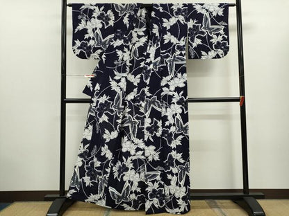 平和屋着物∴夏物　浴衣　注染　草花舞蝶文　手縫い　綿　逸品　CABK6567ze