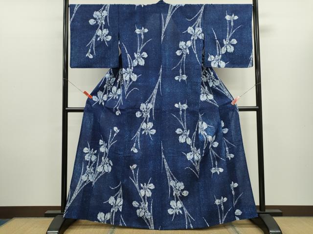 平和屋着物∴夏物　浴衣　注染　燕子花　手縫い　綿　逸品　CABK6577ze