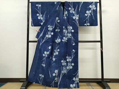 平和屋着物∴夏物　浴衣　注染　燕子花　手縫い　綿　逸品　CABK6577ze