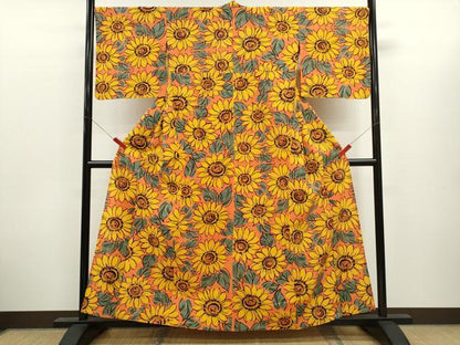 平和屋着物∴夏物　浴衣　注染　向日葵　手縫い　逸品　CABK6580ze