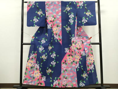 平和屋着物∴夏物　訪問着・浴衣兼用　絵羽浴衣　注染　紫陽花　手縫い　綿　逸品　CABK6583ze